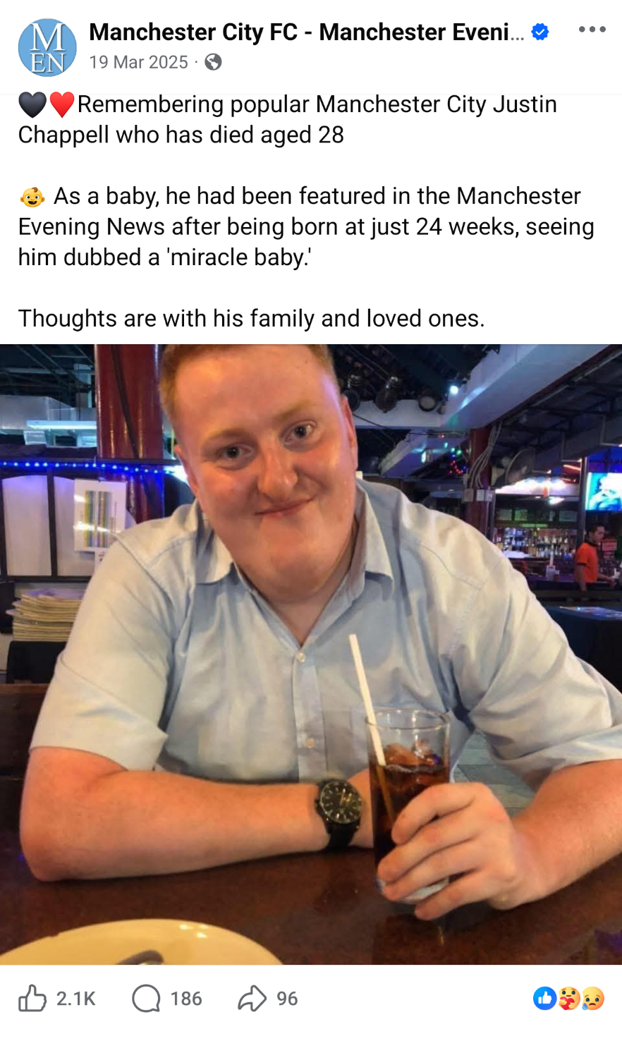 Screenshot of a public Manchester Evening News tribute post about Justin Chappell